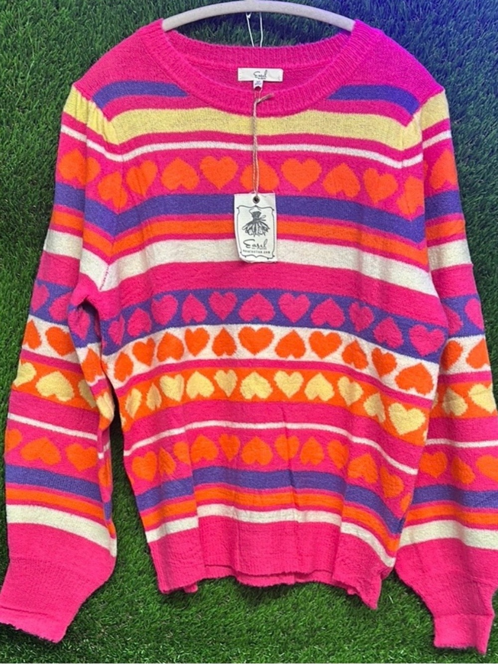 Bright Pink Heart Stripe Sweater by Easel Size L NWT in package